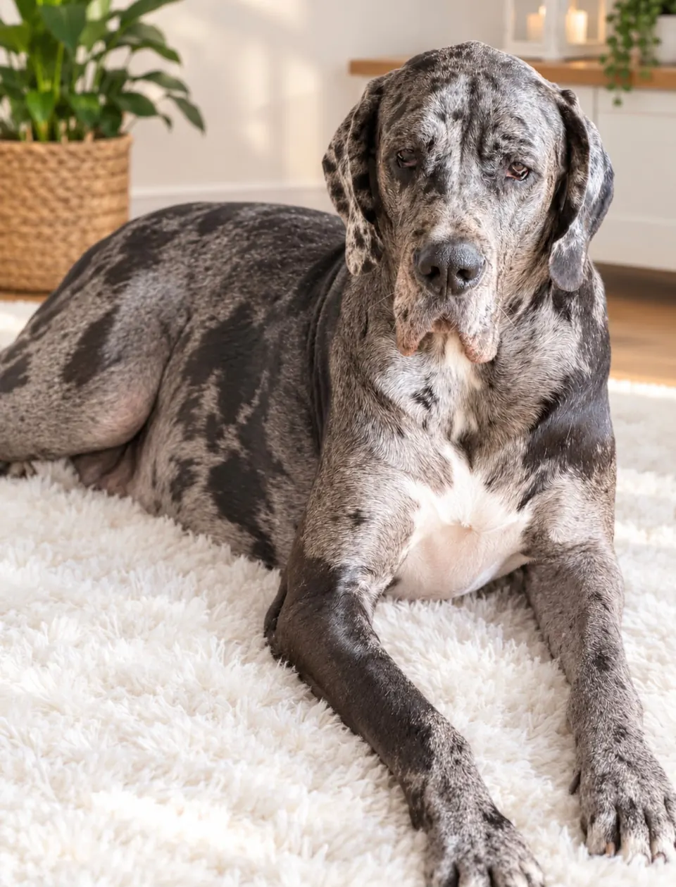 Luna lying on a white rug